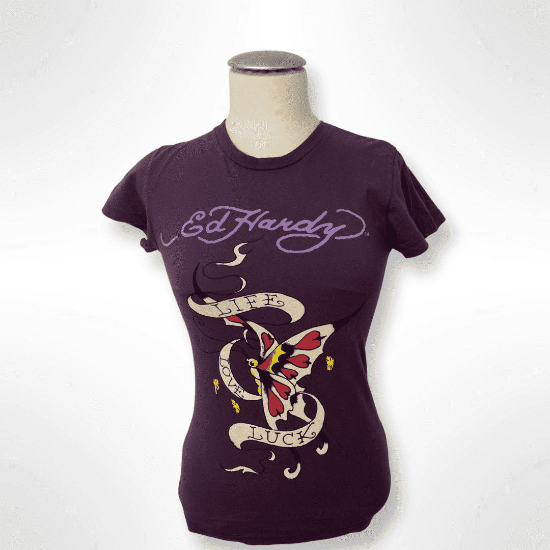 Ed Hardy Y2K Graphic  Shirt "Life Love Luck" Gr. S