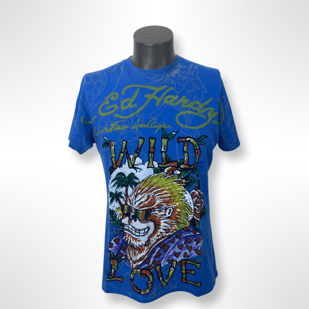 Ed Hardy Graphic Shirt Y2K "Wild" blau Gr. M